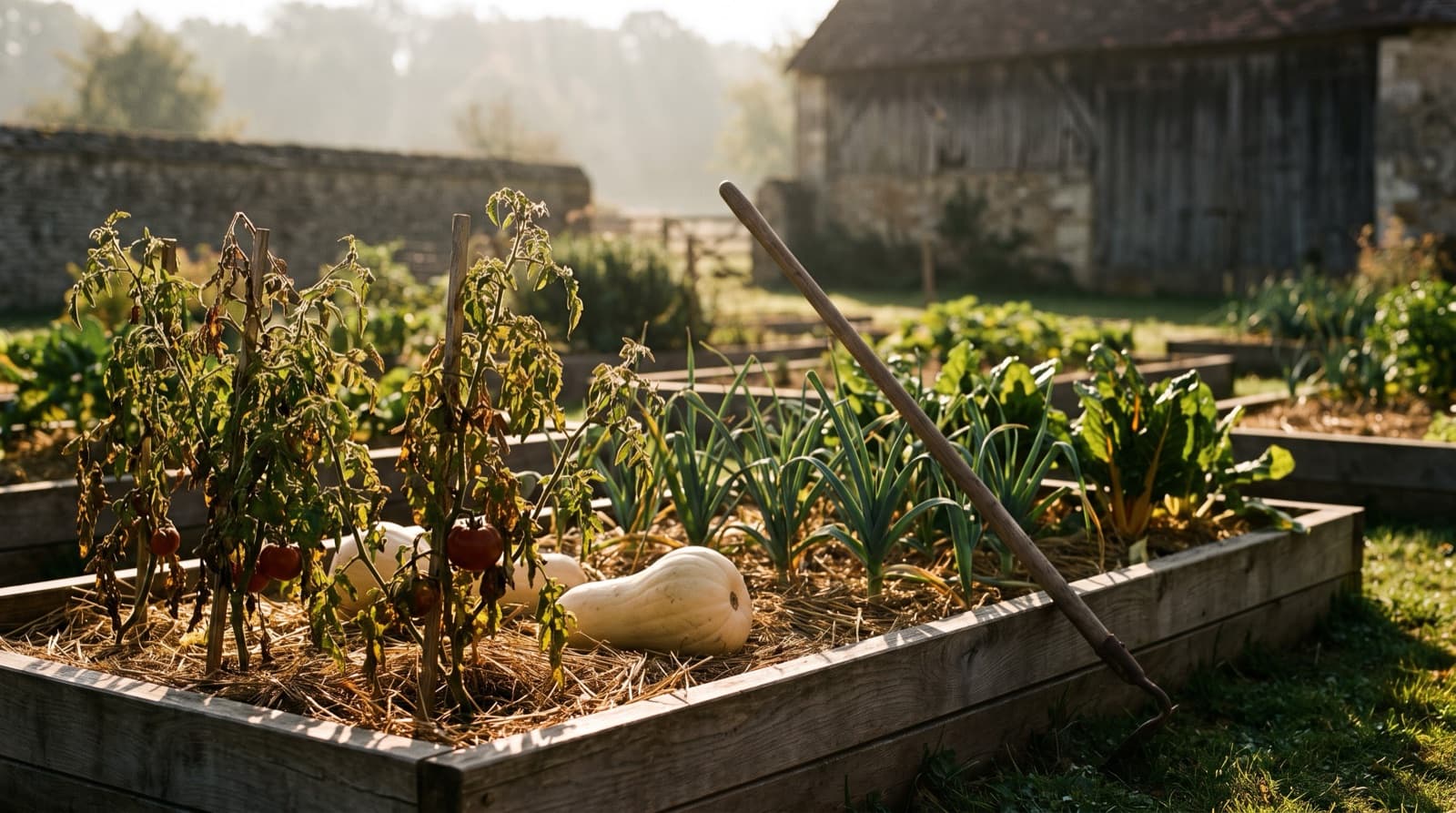Planche de potager en fin d'été : pieds de tomates montés en fin de cycle, courges posées sur un paillage de paille, rangs de poireaux et de blettes derrière, lumière rasante du matin