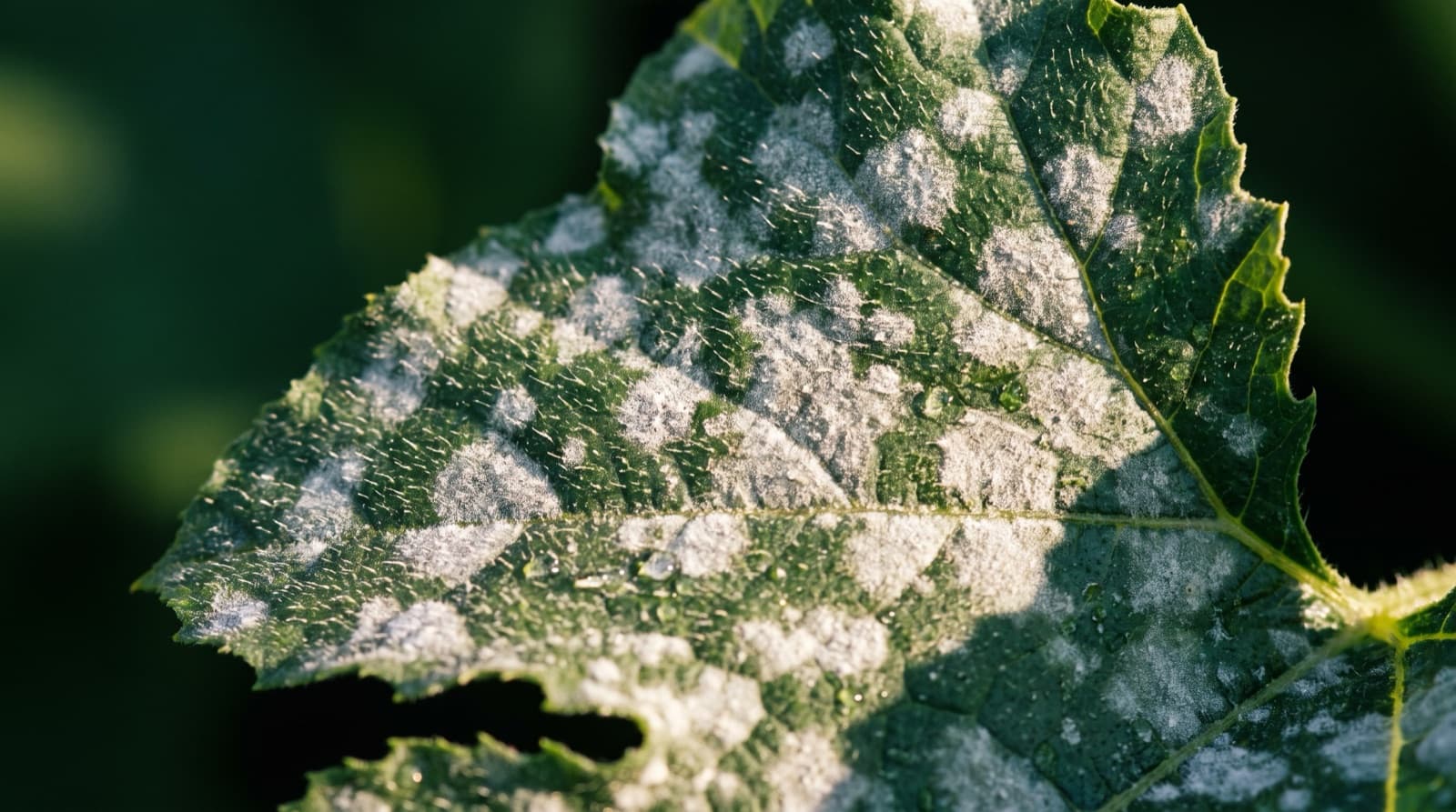 Gros plan sur une feuille de courgette couverte de plaques blanches poudreuses d'oïdium, quelques gouttes de rosée en surface